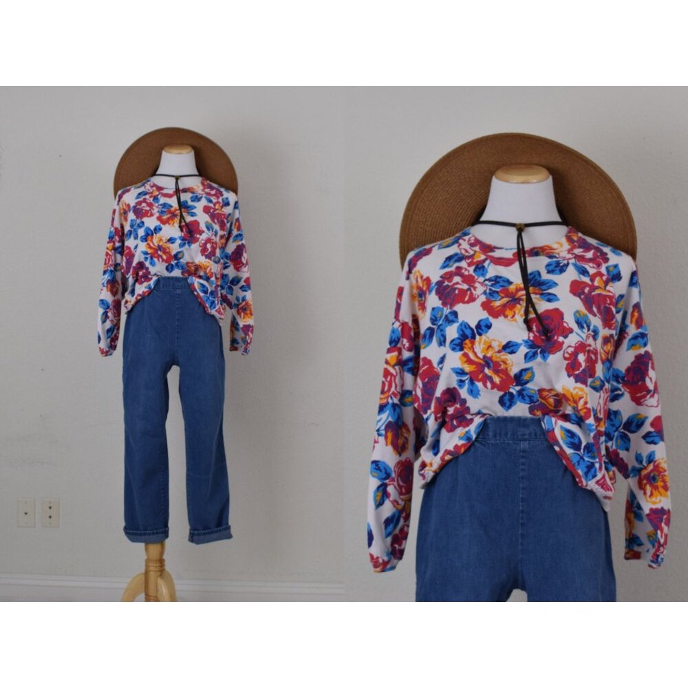 Vintage 90s Faded Floral BONGO Boxy Fit Long‎ Sleeves Crop Tee